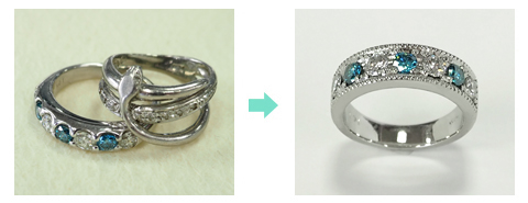 ブルーダイアモンドリングを、大きめミル打ち幅広リングにリフォーム before after