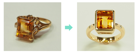 エメラルドカットのK18シトリンリングを、シンプルでエレガントな伏せ込みデザインにリフォーム