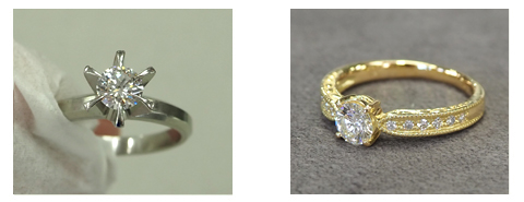 Ptダイアモンド立て爪リングをK18ミル打ち 彫金入りダイアモンドリングにジュエリーリフォーム