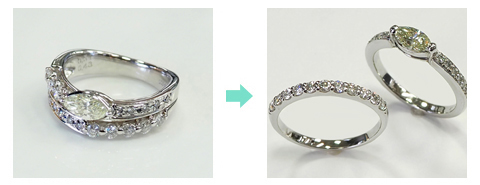 マーキースダイアモンド入りの幅広リングを2本の指輪にリフォーム
