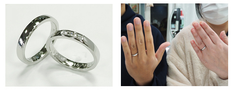 結婚指輪 Pt平甲丸 リング(シンプルデザイン) 女性用 メレーダイアモンド3石入り