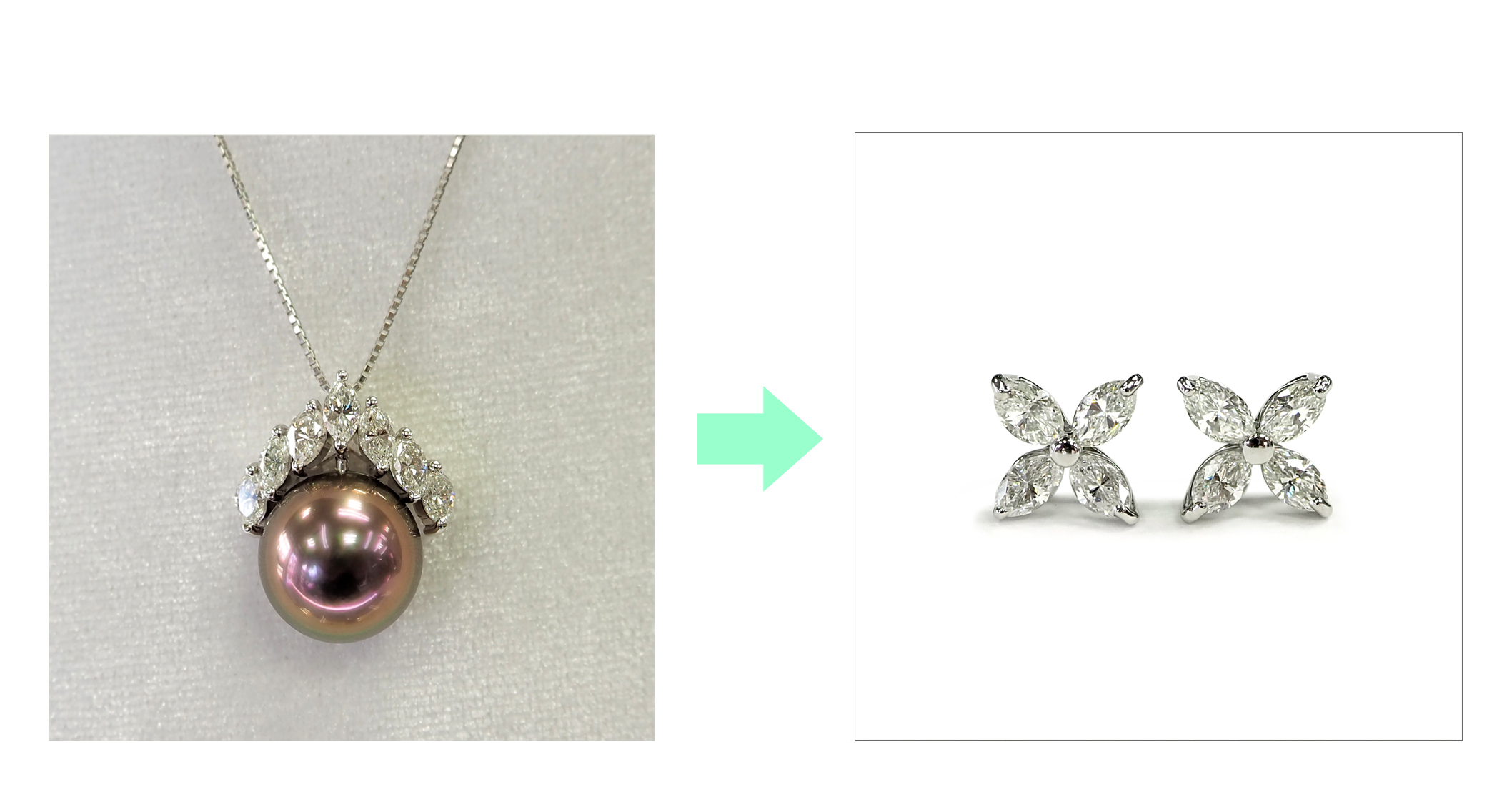 マーキースダイヤモンド入り黒真珠ネックレスをピアスにリメイク|ジュエリーリフォーム実例