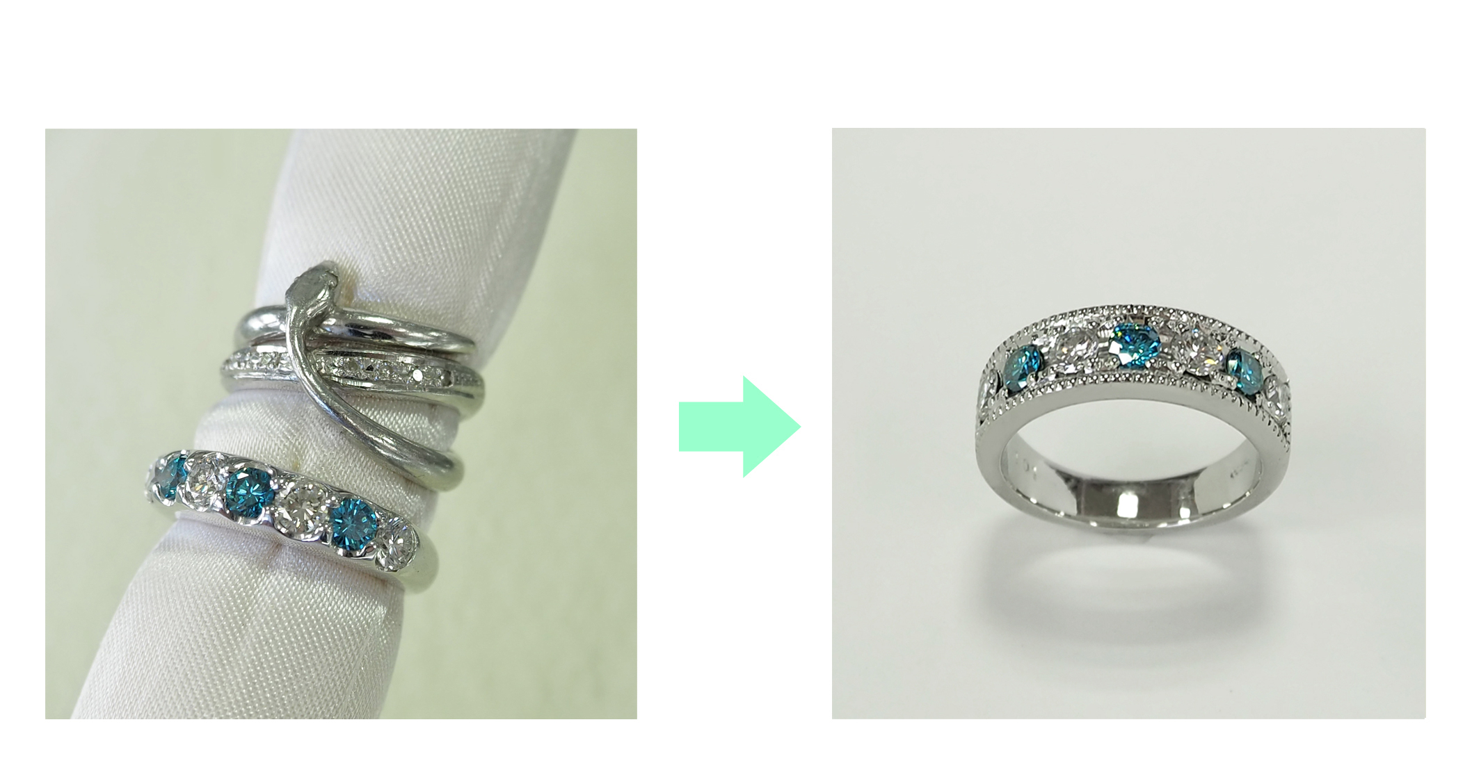 ブルーダイアモンドリングを、大きめミル打ち幅広リングにリフォーム before after