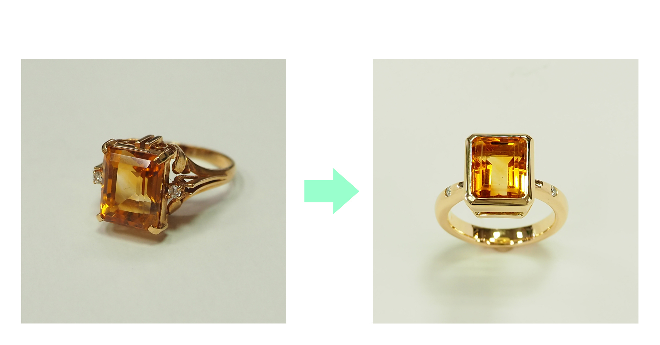 エメラルドカットのK18シトリンリングを、シンプルでエレガントな伏せ込みデザインにリフォーム