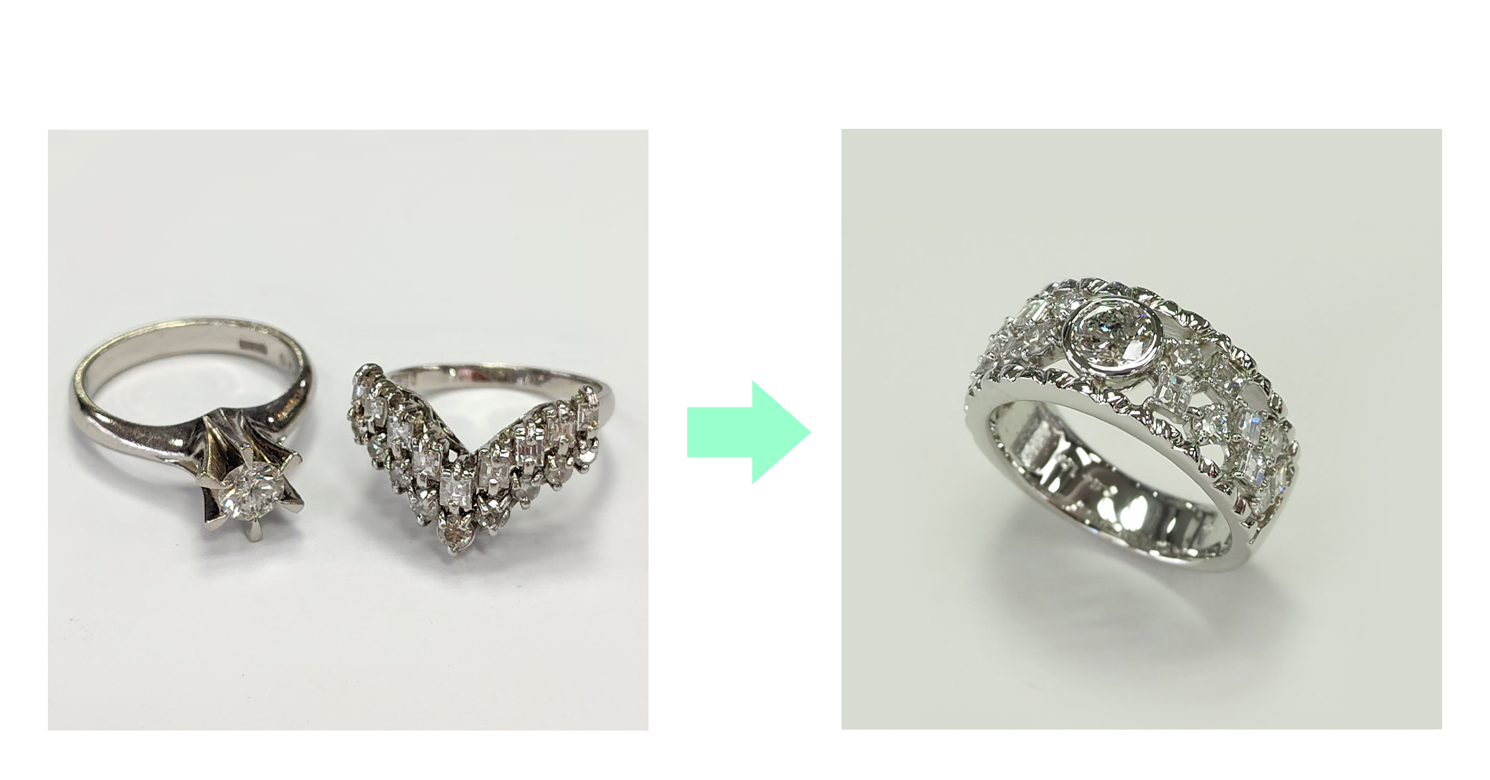 2本の形見の指輪を1本に 不規則に配列した豪華なダイヤモンドリングにジュエリーリフォーム