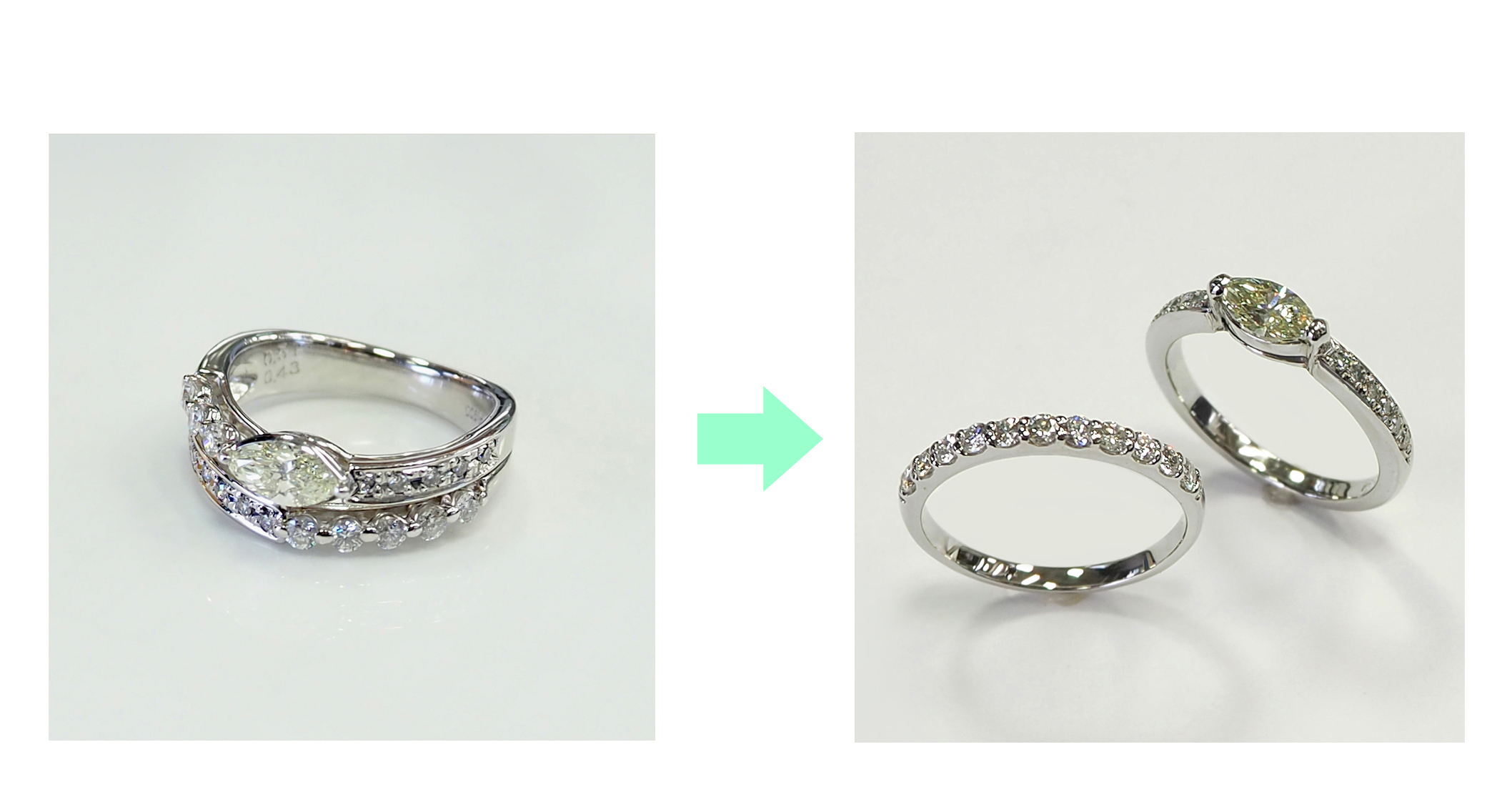 マーキースダイアモンド入りの幅広リングを2本の指輪にリフォーム