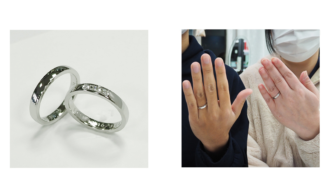 結婚指輪 Pt平甲丸 リング(シンプルデザイン) 女性用 メレーダイアモンド3石入り