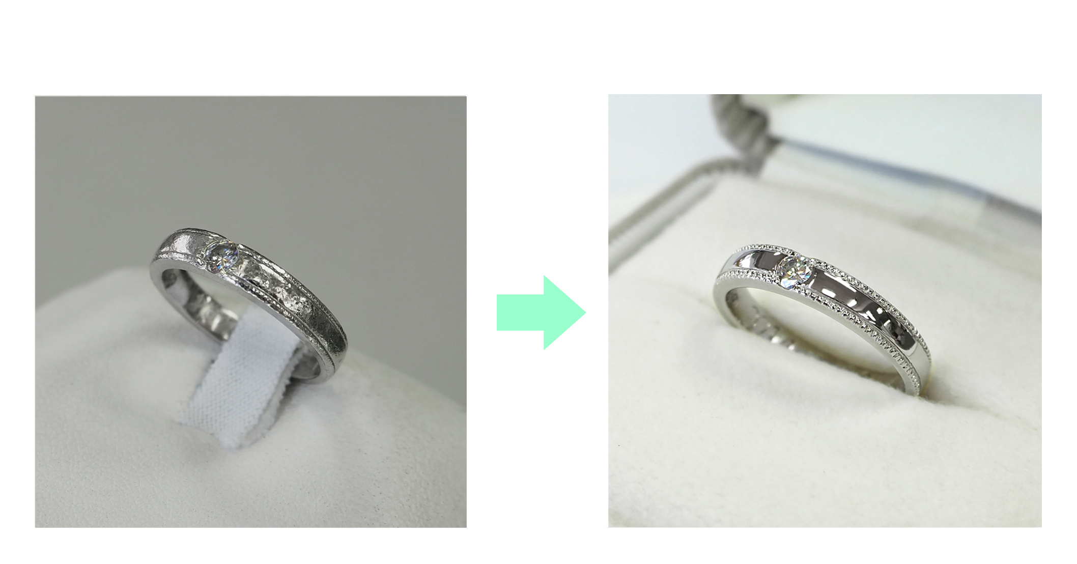 新品仕上げとミル打ち直しで輝きを取り戻したプラチナ結婚指輪 before after