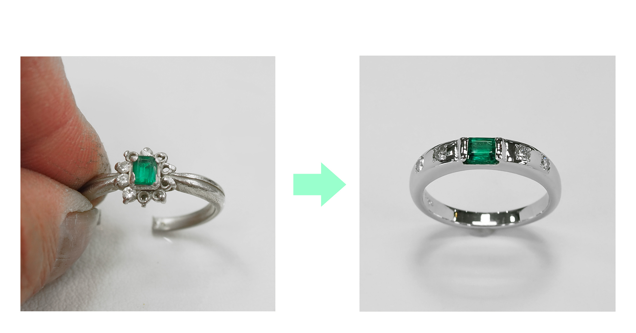 形見のエメラルドリングをリカットで再生 普段使いできるPtリングへジュエリーリフォーム